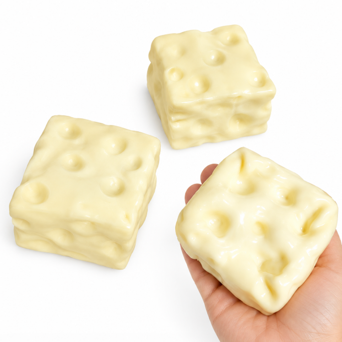 Gniotek Ser Wazelinowy 6×6 cm – Antystresowy Gniotek w Kształcie Sera